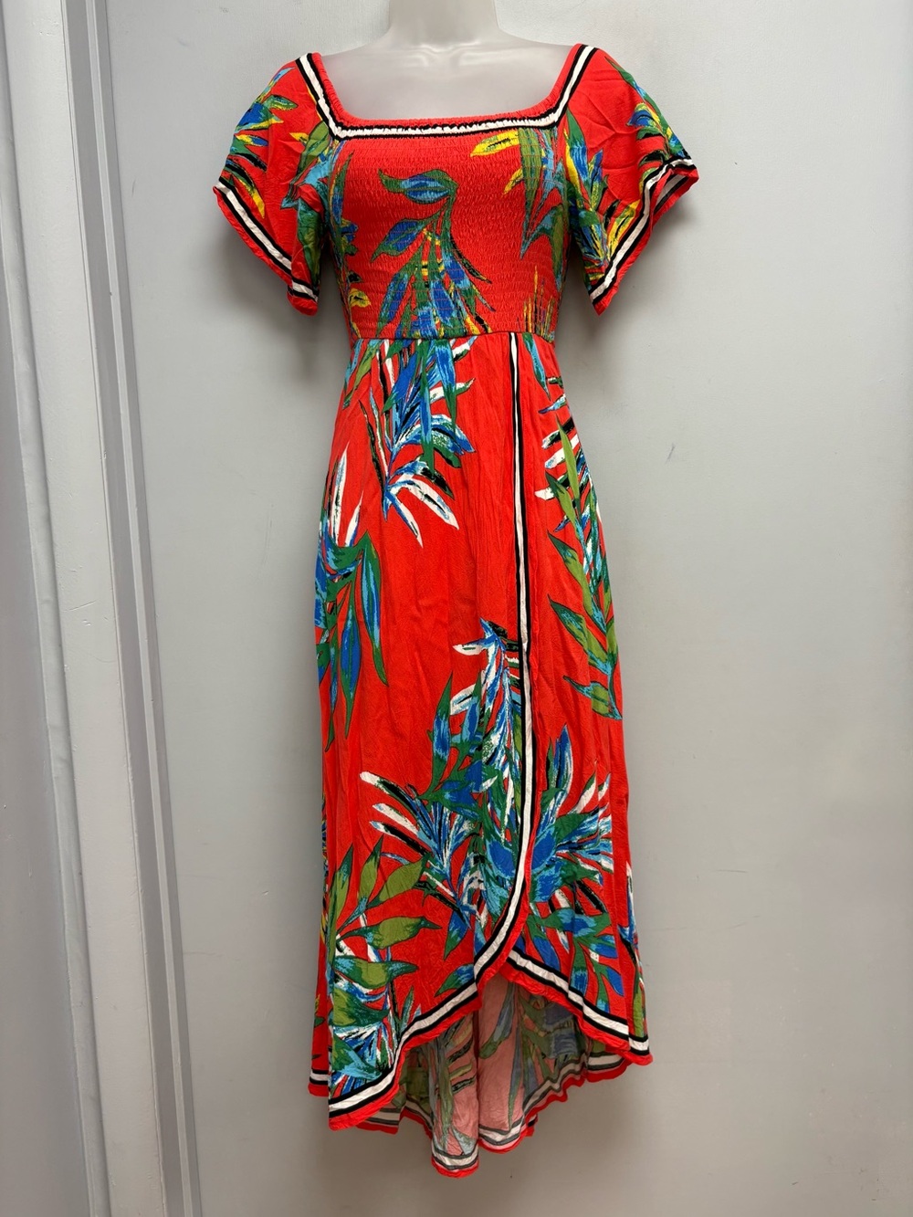 Jealous Tomato Red Tropical Floral Smocked High Low Dress Size M